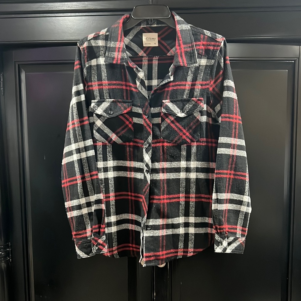 Soft flannel black, white and red. Really cozy